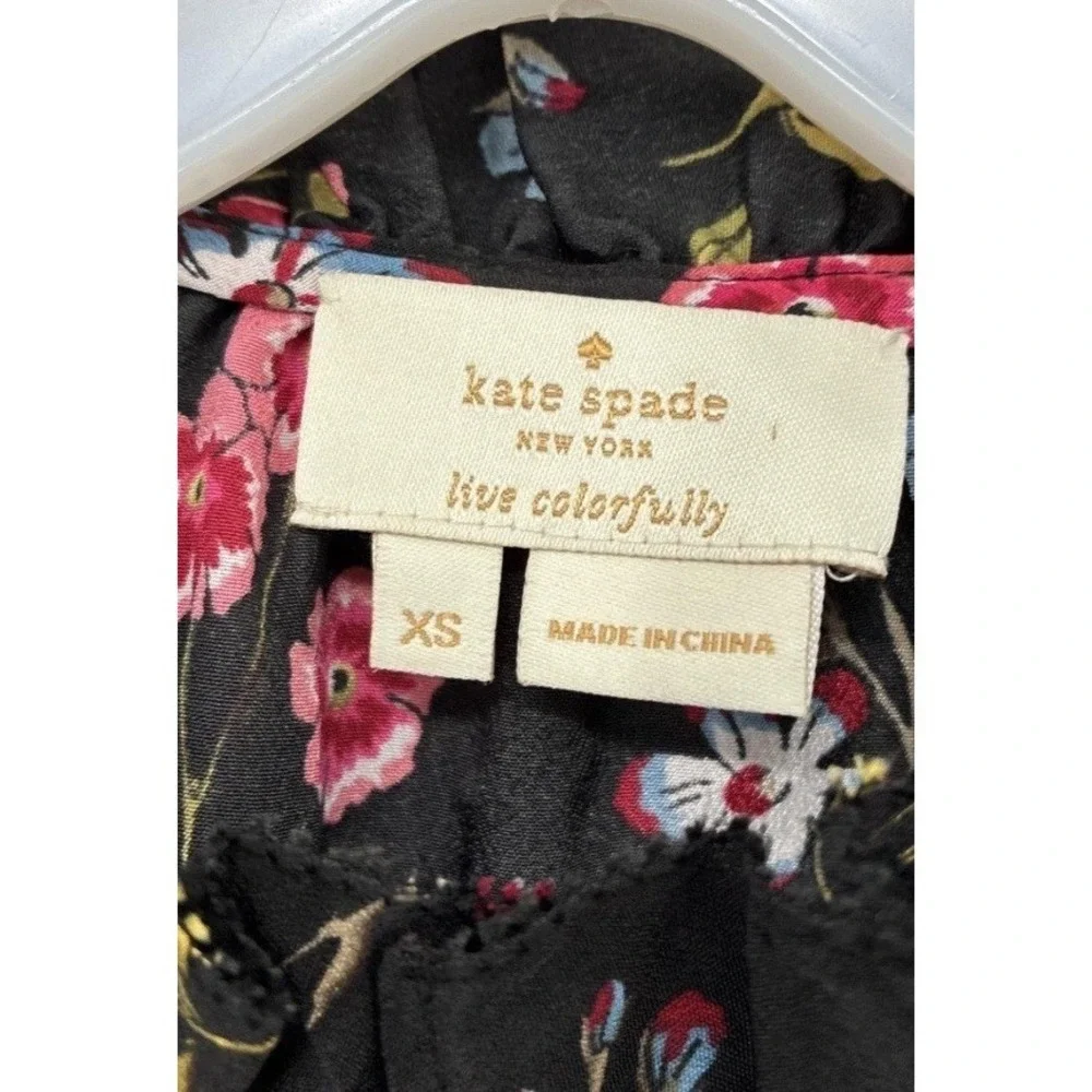 Kate Spade Black Floral Ruffle Sleeveless Blouse Sz XS Burton Up